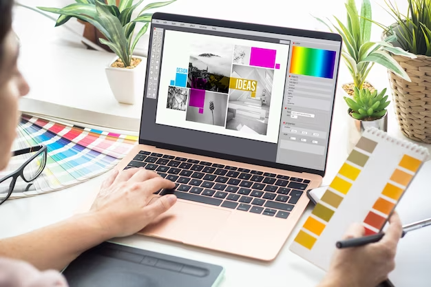 Graphic designer using color tools on a laptop while working on a creative project.